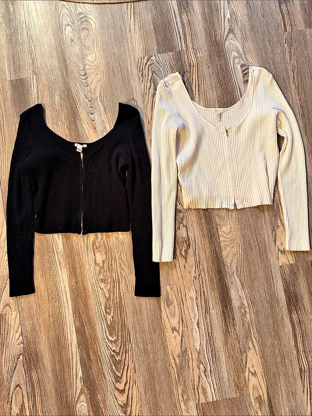 Full Tilt Ribbed Zip Up Cardigan Top Black & White